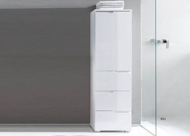 Santino White Gloss Slim Tallboy Storage Unit with Cupboard and Drawers S11 - UK Luxury Furniture